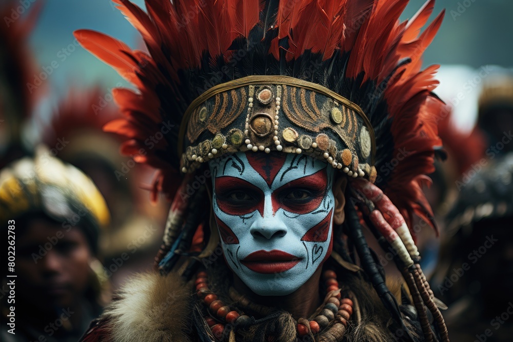 Portrait of a man with ritual face painting on Papua New Guinea. Generative ai. Headdress with feathers. Historical festival of natives in national clothes and traditional colorful makeup.
