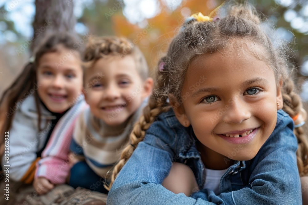 Portrait of a smiling little girl with her friends in the park Portrait of a smiling little girl with her friends in the park