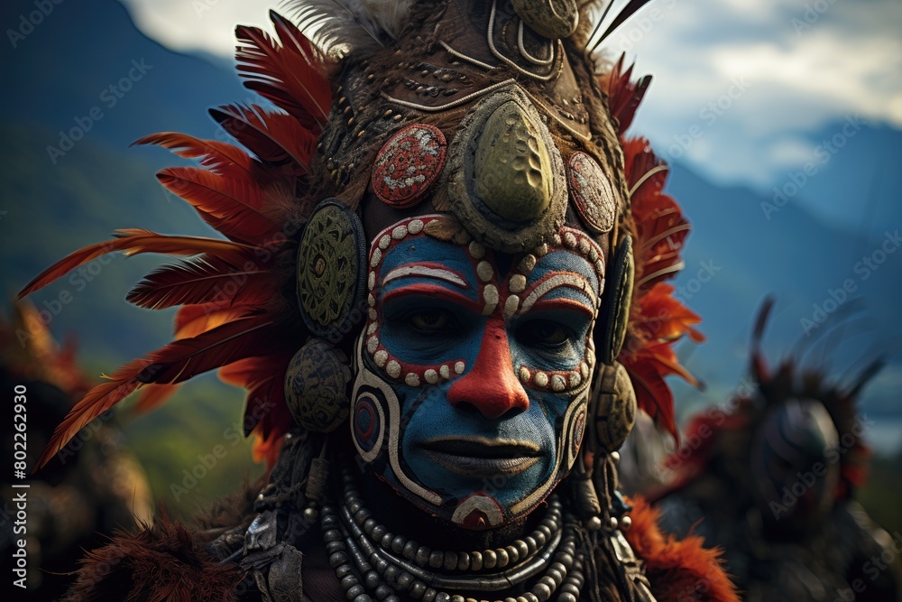 Portrait of a man with ritual face painting on Papua New Guinea. Generative ai. Headdress with feathers. Historical festival of natives in national clothes and traditional colorful makeup.