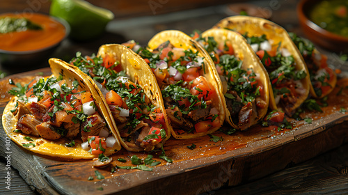 Four Mexican street food tacos on top of serving wooden board