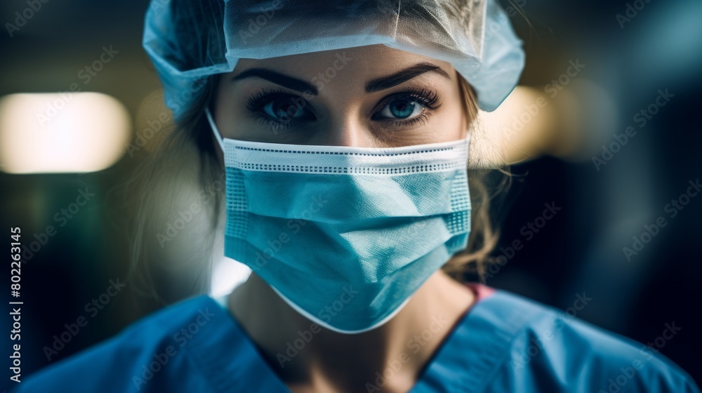 Female Health Care Worker Looking at Camera. Portrait Close Up Doctor Nurse Wearing Protective Mask. First Responder is wearing mask and looking to the camera Female Health Care Worker Looking at Camera. Portrait Close Up Doctor Nurse Wearing Protective Mask. First Responder is wearing mask and looking to the camera