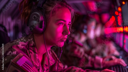 Military headquarters management, a girl soldier in front of the screen