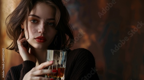 alcoholism, alcohol addiction . drunk woman or female alcoholic drinking whiskey at home. Loneliness and stress. Female alcoholism photo