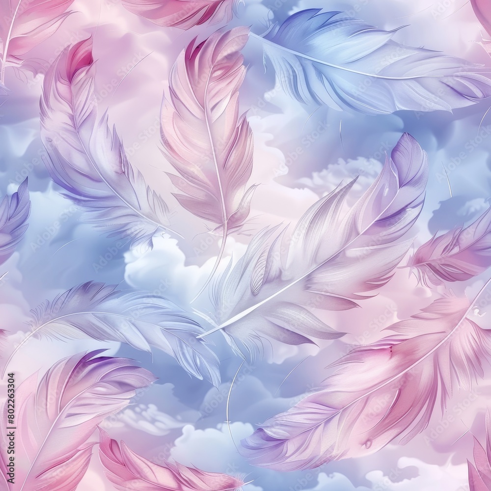Fototapeta premium Pattern of feathers and clouds in light pastel colors