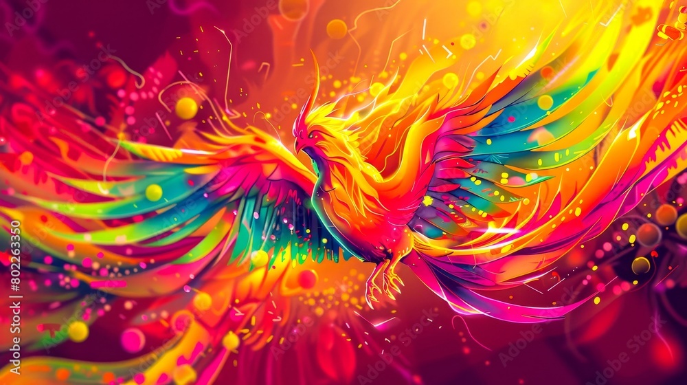 Fototapeta premium A majestic phoenix soars through the sky, its wings trailing a rainbow of fire.