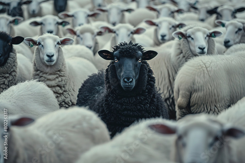 Black sheep in the middle of a white flock, a crowd of sheep around the black one looking at the camera, a concept of individuality and atomization among modern society