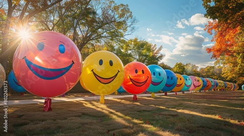 Vivacious smiley balloons in a spectrum of hues parade on a sunlit field against a backdrop of trees. © nur