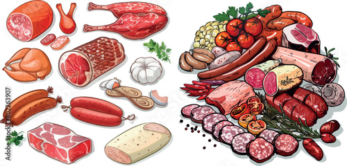  Fresh farm meat products illustration