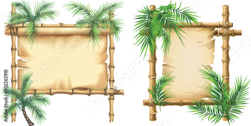 Hawaiian wooden signboard with tropical palm leaves, wood stick with blank old papyrus banners