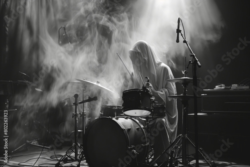 A ghostly figure drumming on a kit
