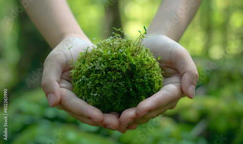 Sustainable Future: Hands Holding a Lush Green Moss Ball in Forest Setting