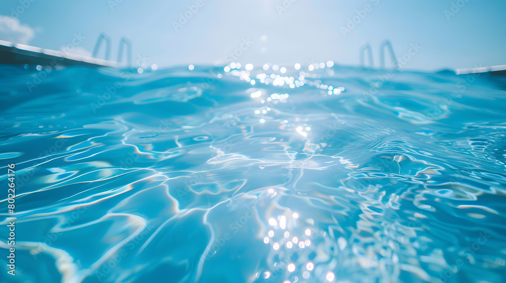 Clear water in swimming pool with ripple in clean aqua liquid. Summer wallpaper blue background. Generative AI.