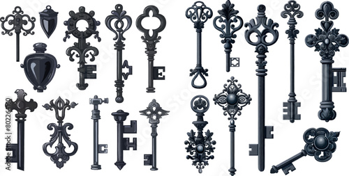 Antique keys. Cartoon decorative elements for opening doors, icons of medieval objects photo