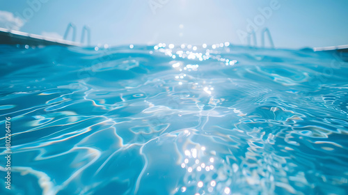 Clear water in swimming pool with ripple in clean aqua liquid. Summer wallpaper blue background. Generative AI.