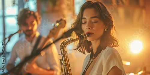 Jazz Night Female Saxophonist Performs with Band in Ambient Setting