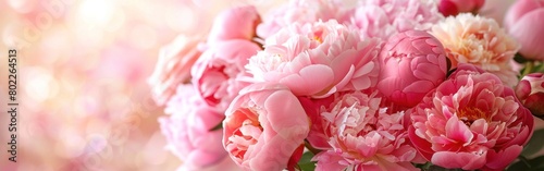 Pink Peonies and Roses Bouquet on White Background