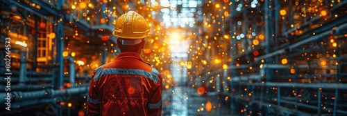 A man in a hard hat is in a factory surrounded by urban architecture