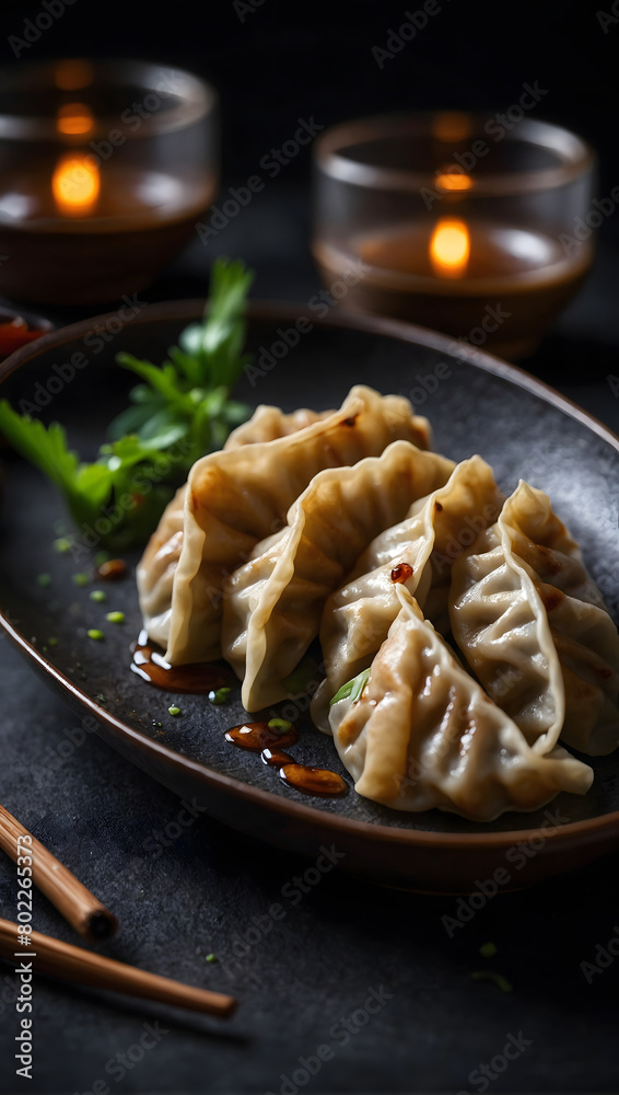 a mouthwatering image of a single gyoza dumpling set against a dark backdrop, highlighting its culinary allure.