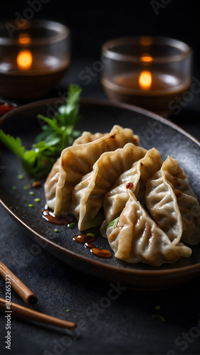 a mouthwatering image of a single gyoza dumpling set against a dark backdrop  highlighting its culinary allure.