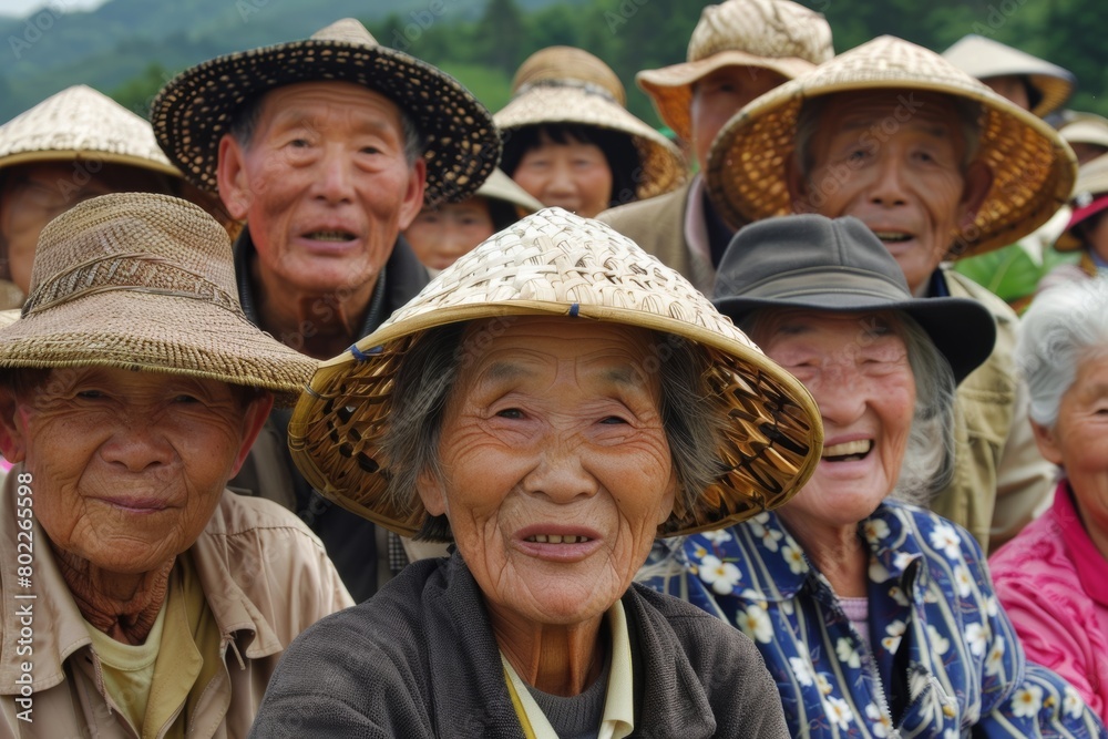 Old asian women wearing hats and smiling at the camera in a rural village