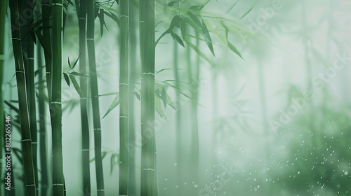 Bamboo forest with misty green particles meandering through a softly blurred background, reflecting the serene beauty and graceful elegance of the towering bamboo stalks.