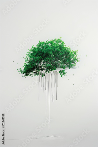 Green bush with white paint dripping on white background. Minimal concept.