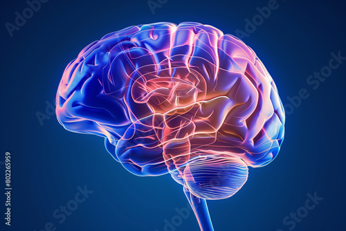 3D rendered image of a human brain in blue highlighting its anatomy and functions for medical and scientific study