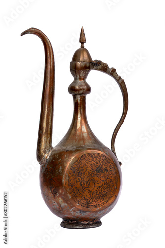 Vintage Persian Tinned Copper Moorish Ewer - Antique 19th Century Decorative Pitcher on white background