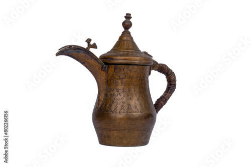 Vintage Arabic Dallah Brass Coffee Pot on white background - Middle Eastern Bedouin Tea Tradition