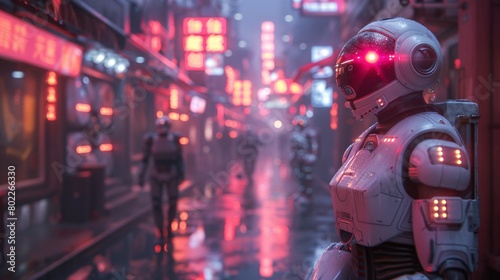 Futuristic Robot in Neon-Lit City: Atmospheric Sci-Fi Urban Scene
