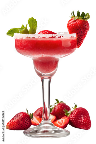 Strawberry Daiquiri Delight Coctail: Vibrant red hue with a strawberry garnish and sugar-coated rim.Summer Refreshment Concept Isolated on Transparent Background.Design for menu, poster, banner.