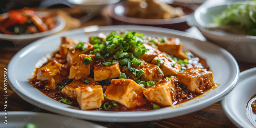 Savory Tofu Dish Sprinkled with Green Onions on a Restaurant Table Savory Tofu Dish Sprinkled with Green Onions on a Restaurant Table