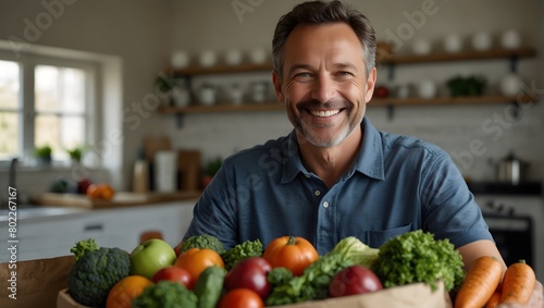 Smiling middle-aged man packing a reusable shopping bag with fresh, locally sourced produce ai_generated photo