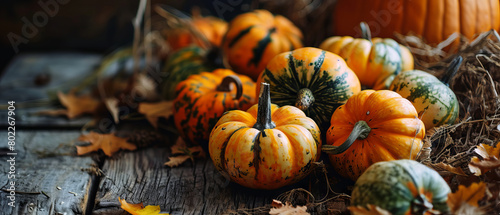 Autumn Harvest Display with Colorful Pumpkins and Fall Leaves on Rustic Wood
