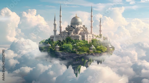 Illuminated mosque in the middle of the sky with cloud at morning. AI Generative