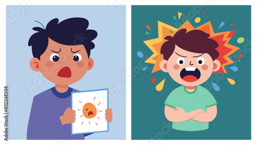 One panel shows a boy being overwhelmed by his emotions his face contorted in anger and frustration. In the next panel he is holding a piece of paper. Vector illustration