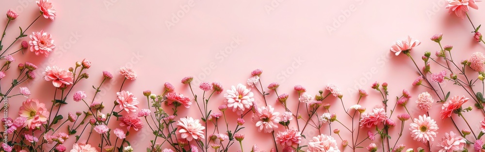 Floral Banner Greeting Card Template for Wedding or Mother's Day on Light Pink Background - Springtime Composition with Copy Space in Flat Lay Style