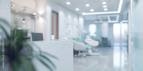 A dentist s office with a white counter and a potted plant. Reception of a medical clinic with a large  light hall. Blurred hospital hallway.