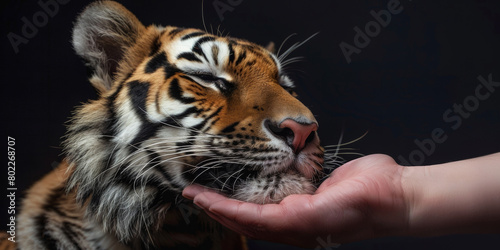 Hand pets a tiger on a black background. Caring for exotic animals.