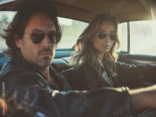 A fashionable man and woman in sunglasses driving in a classic car, exuding coolness and freedom. © cherezoff