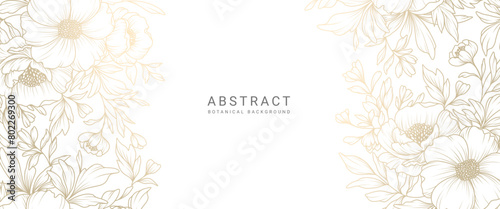 Abstract floral background with golden line art of flowers and leaves. Luxury hand drawn frame, border. Vector illustration for design of card, banner, invitation, advertising and packaging