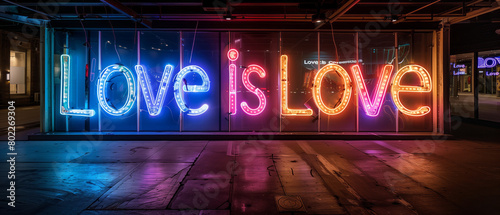 Neon signs spelling out "Love is Love" in rainbow colors, pride month celebration