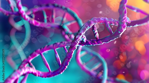 Vibrant Digital Rendering of Intricate DNA Double Helix Structure on Colorful Abstract Background Generative ai