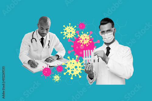 Picture collage creative image two scientists doctors create vaccine immune cure coronavirus protection epidemic treatment lab coats