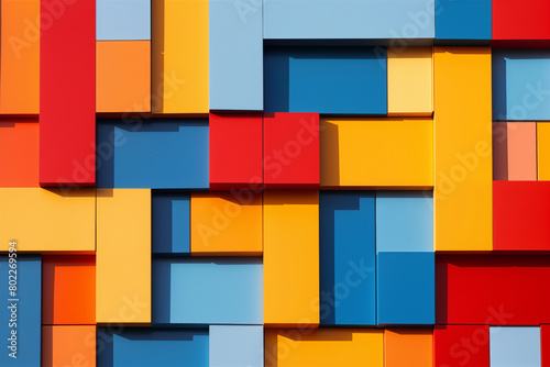 Abstract Geometric Mural of Overlapping Squares and Rectangles in Bold Primary Colors