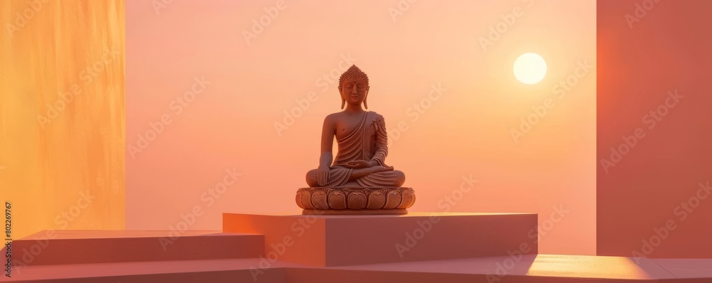 Sunset Serenity: Meditative Buddha Statue Illuminated by a Warm Sunset Glow