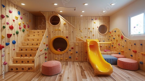 Playful Learning: Climbing Wall and Cozy Sofa in Wooden Indoor Play Area for Children at Preschool photo