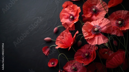 Anzac Remembrance Day Tribute: Honoring, Remembering, and Respecting with Poppies on Black Background - AI-Generated Digital Design photo