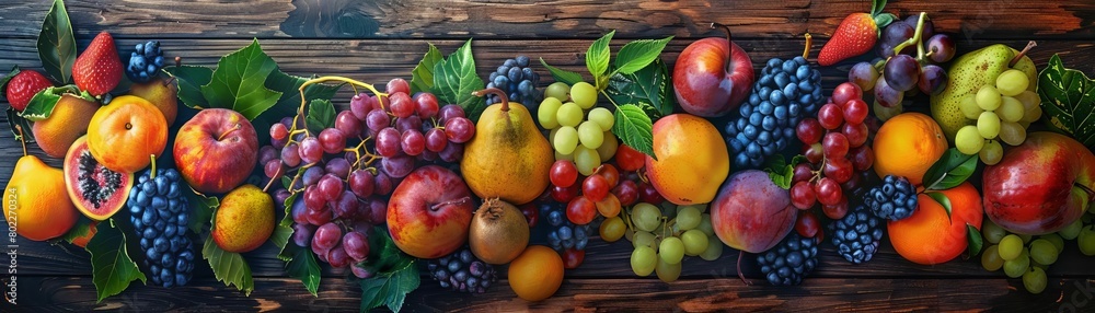 Produce a vibrant, photorealistic image of a birds-eye view of a bountiful display of fresh, ripe fruit on a rustic wooden table under soft natural light Capture the textures and colors of the fruits Produce a vibrant, photorealistic image of a birds-eye view of a bountiful display of fresh, ripe fruit on a rustic wooden table under soft natural light Capture the textures and colors of the fruits
