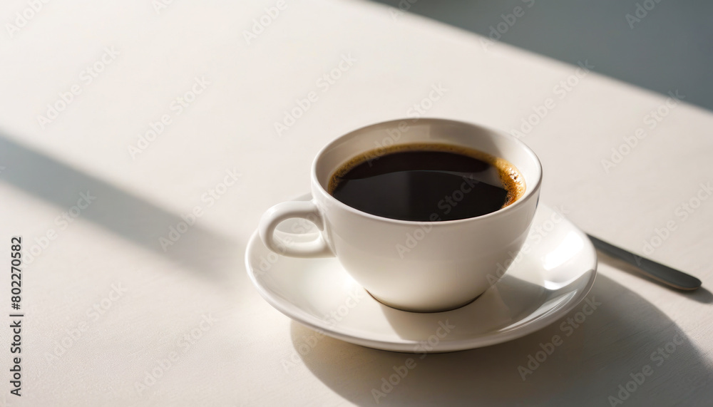 A hot cup of coffee on a saucer, set against a white background, casting a subtle shadow. A hot cup of coffee on a saucer, set against a white background, casting a subtle shadow.